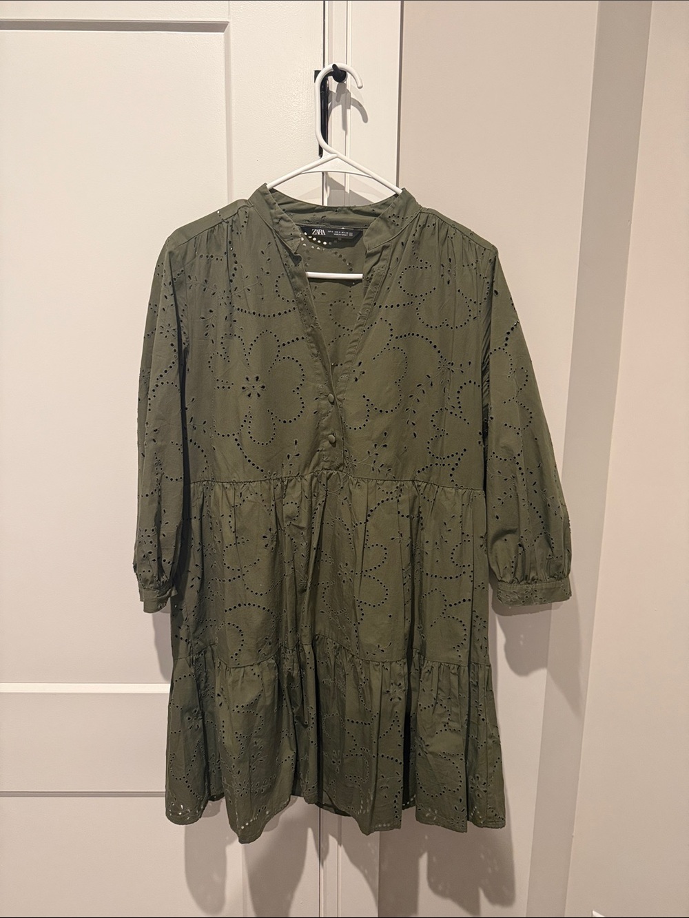 Zara Olive Eyelet Tiered V-Neck Dress